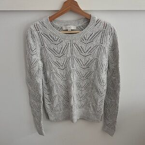 LOFT Women’s Pointelle Knit Sweater Light Gray Cotton Blend Lightweight Size S